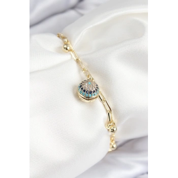 ÇOK SATAN Pirinç Zirkon Taşlı Nazar Boncuğu Model Gold Renk Kadın Bileklik