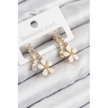 ÇOK SATAN Pirinç Zirkon Taşlı Papatya Model Gold Renk Kadın Küpe