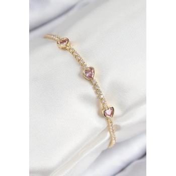 ÇOK SATAN Pirinç Zirkon Taşlı Pembe Kalp Model Gold Renk Kadın Bileklik