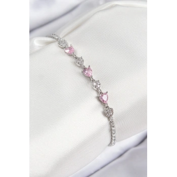 ÇOK SATAN Pirinç Zirkon Taşlı Pembe Kalp Model Gümüş Renk Kadın Bileklik