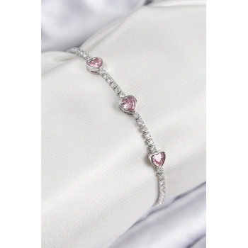 ÇOK SATAN Pirinç Zirkon Taşlı Pembe Kalp Model Gümüş Renk Kadın Bileklik