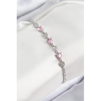 ÇOK SATAN Pirinç Zirkon Taşlı Pembe Kalp Model Gümüş Renk Kadın Bileklik