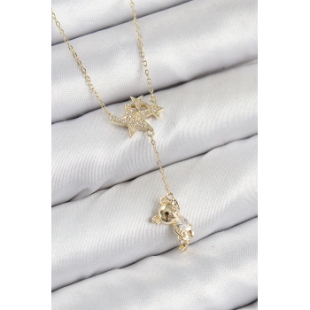 ÇOK SATAN Pirinç Zirkon Taşlı Sallantılı Ayıcıklı Yıldız Model Gold Renk Kadın Kolye