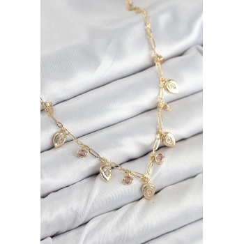 ÇOK SATAN Pirinç Zirkon Taşlı Sallantılı Damla Model Gold Renk Kadın Kolye