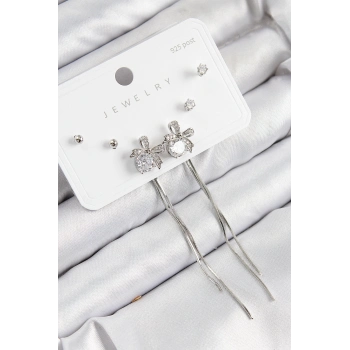 ÇOK SATAN Pirinç Zirkon Taşlı Sallantılı Fiyonk Model Gümüş Renk 925 Ayar Gümüş Çivi Kadın Küpe Set