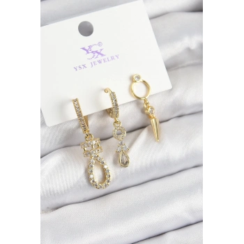ÇOK SATAN Pirinç Zİrkon Taşlı Sallantılı Model Gold Renk 3lü Kadın Küpe