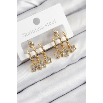 ÇOK SATAN Pirinç Zirkon Taşlı Sallantılı Yıldız Model Gold Renk Kadın Küpe