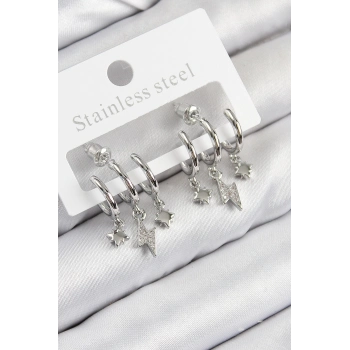 ÇOK SATAN Pirinç Zirkon Taşlı Şimşek Model Gümüş Renk Kadın Küpe