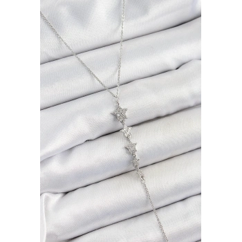 ÇOK SATAN Pirinç Zirkon Taşlı Sıralı Yıldız Figürlü Y Model Gümüş Renk Kadın Kolye