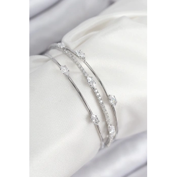 ÇOK SATAN Pirinç Zirkon Taşlı Su Yolu Model Gümüş Renk Kadın Bileklik