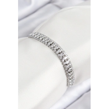ÇOK SATAN Pirinç Zirkon Taşlı Tennıs Model Gümüş Renk Asansörlü Kadın Bileklik