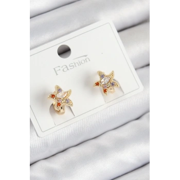 ÇOK SATAN Pirinç Zirkon Taşlı Yıldız Model Gold Renk Çocuk Küpe