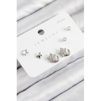 ÇOK SATAN Pirinç Zirkon Taşlı Yıldız Model Gümüş Renk 925 Ayar Gümüş Çivi Kadın Küpe Set