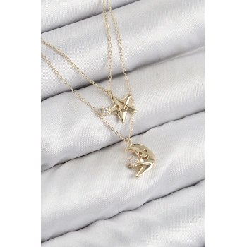 ÇOK SATAN Pirinç Zirkon Taşlı Yıldız Ve Ay Model Gold Renk Kadın Kolye