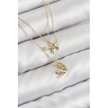 ÇOK SATAN Pirinç Zirkon Taşlı Yıldız Ve Ay Model Gold Renk Kadın Kolye