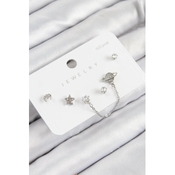 ÇOK SATAN Pirinç Zirkon Taşlı Yıldız Ve Gezegen Model Gümüş Renk 925 Ayar Gümüş Çivi Kadın Küpe Set