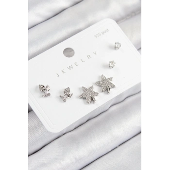 ÇOK SATAN Pirinç Zirkon Taşlı Yıldız Ve Gül Model Gümüş Renk 925 Ayar Gümüş Çivi Kadın Küpe Set