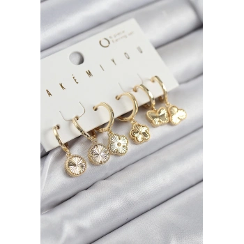 ÇOK SATAN Pirinç Zirkon Taşlı Yonca Model Gold Renk 6lı Küpe Set
