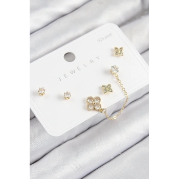 ÇOK SATAN Pirinç Zirkon Taşlı Yonca Model Gold Renk 925 Ayar Gümüş Çivi Kadın Küpe Set