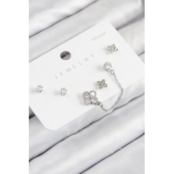 ÇOK SATAN Pirinç Zirkon Taşlı Yonca Model Gümüş Renk 925 Ayar Gümüş Çivi Kadın Küpe Set