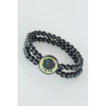 ÇOK SATAN Sarı Renkli Metal Üzerine Osmanlı Arma Figürlü Siyah Renk Çift Sıra Doğal Taş Erkek Bileklik