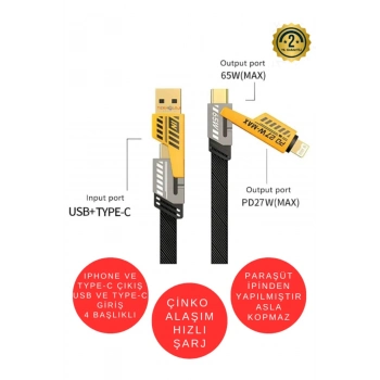 ÇOK SATAN Şarj Kablosu 27W ve 65W Hızlı Şarj Type-C Iphone Hepsi İle Uyumlu Paraşüt İpinden Kopmaz Kablo