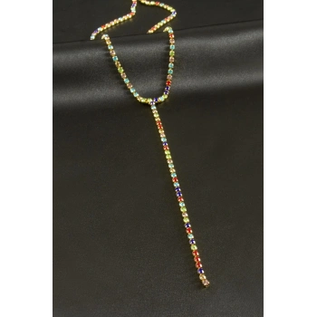 ÇOK SATAN Şerit Taşlı Çelik Y Kolye 2 mm