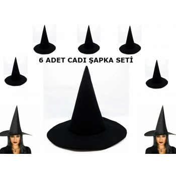 ÇOK SATAN Siyah Cadı Şapkası Keçe Yetişkin Boy 6 Adet