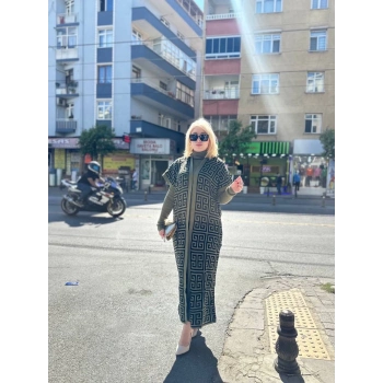 ÇOK SATAN Siyah çizgi desenli elbiseli hırka triko takım haki