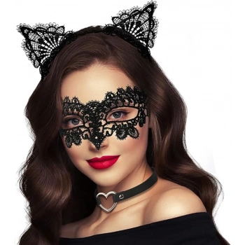 ÇOK SATAN Siyah Renk Dantel Maske Ve Dantel Kulak Taç Seti Yetişkin No 10