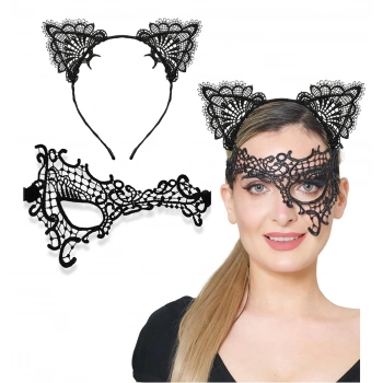 ÇOK SATAN Siyah Renk Dantel Maske ve Dantel Kulak Taç Seti Yetişkin No 13