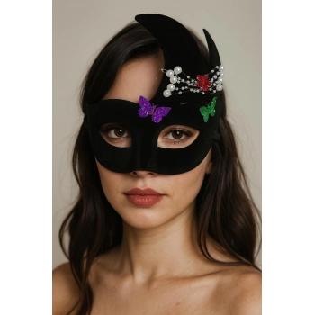 ÇOK SATAN Siyah Renk İncili Taşlı Süet Kaplama Venedik Parti Maskesi 20x22 cm