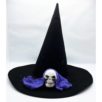 ÇOK SATAN Siyah Renk Mavi Duvaklı Kuru Kafa Temalı Cadı Şapkası 35x38 cm