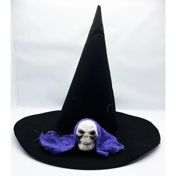 ÇOK SATAN Siyah Renk Mavi Duvaklı Kuru Kafa Temalı Cadı Şapkası 35x38 Cm