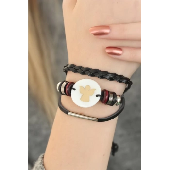 ÇOK SATAN Siyah Renk Melekli Tasarım Çoklu Deri Bayan Bileklik