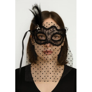 ÇOK SATAN Siyah Renk Siyah Puantiyeli Duvaklı İncili Parti Maskesi