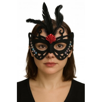 ÇOK SATAN Siyah Renk Siyah Süet Kaplama Tüylü Kelebek Figür Parti Maskesi 24x18 cm