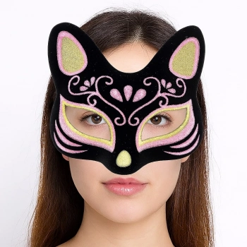 ÇOK SATAN Siyah Renk Süet Kaplama Üzeri Sarı Pembe Simli Kedi Maskesi 17x14 cm