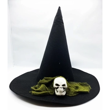 ÇOK SATAN Siyah Renk Yeşil Duvaklı Kuru Kafa Temalı Cadı Şapkası 35x38 Cm