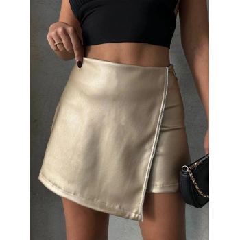 ÇOK SATAN Taşlı şort etek deri gold h240018