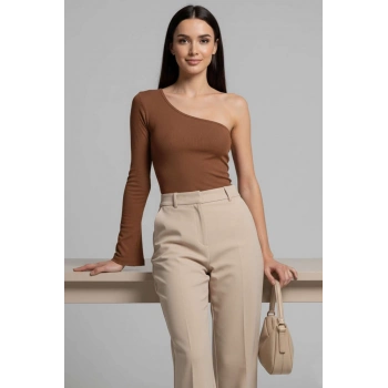 ÇOK SATAN Tek Omuzlu Basic Bluz kahve T4275