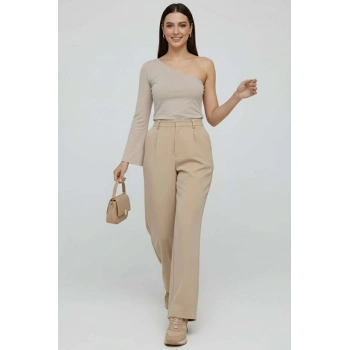 ÇOK SATAN Tek Omuzlu Basic Bluz Vizon T4275