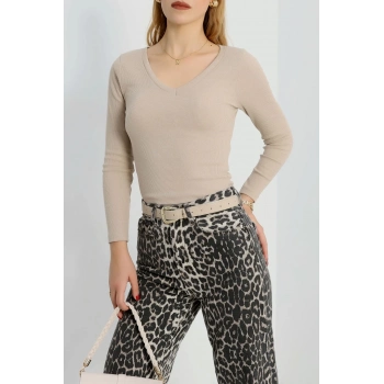 ÇOK SATAN V yaka kaşkorse bluz bej a3699