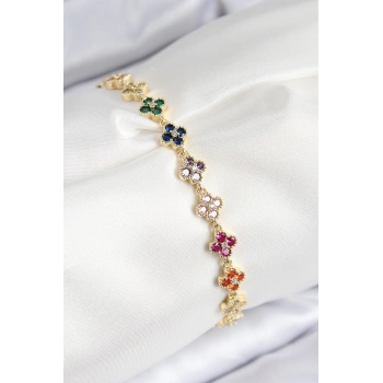 ÇOK SATAN VIP Pirinç Renkli Zirkon Taşlı Yonca Model Gold Renk Kadın Bileklik