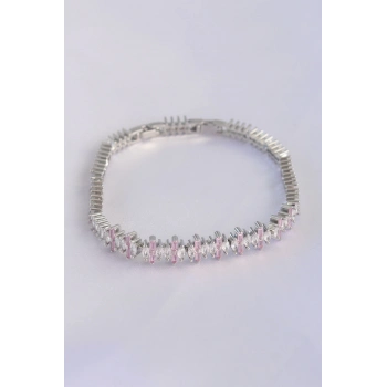ÇOK SATAN Vip Seri Pirinç Pembe Zirkon Taşlı Gümüş Renk Baget Model Bileklik