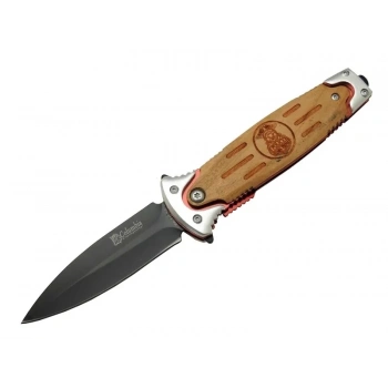 Fs 11031 Kahverengi Kamp Çakı 20cm- Police İşlemeli, Ahşap Sap, Kemerlikli, Cam Kırma Aparatlı