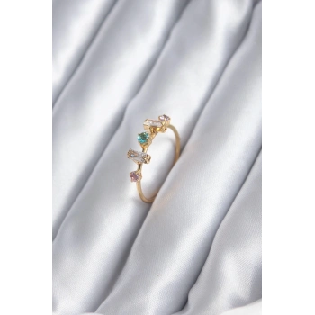 Gold Renk Zirkon Taşlı Renkli Zirkon Taşlı Kadın Yüzük