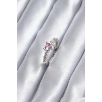 Gümüş Renk Zirkon Taşlı Pembe Kristal Kalp Model Kadın Yüzük