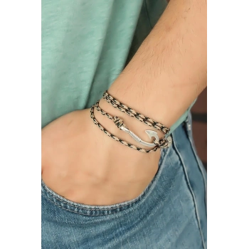 Krem Renk Çizgi Desenli Metal Kancalı Erkek Bileklik