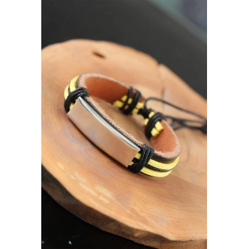 Metal Aksesuarlı Sarı Siyah Renk Deri Erkek Bileklik